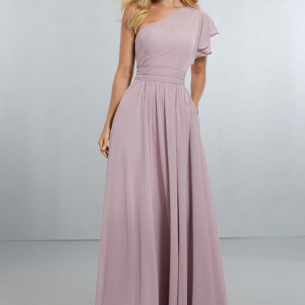 BRAND NEW NEVER WORN Mori Lee Chiffon One Shoulder Gown Style# 21554 in Seaglass